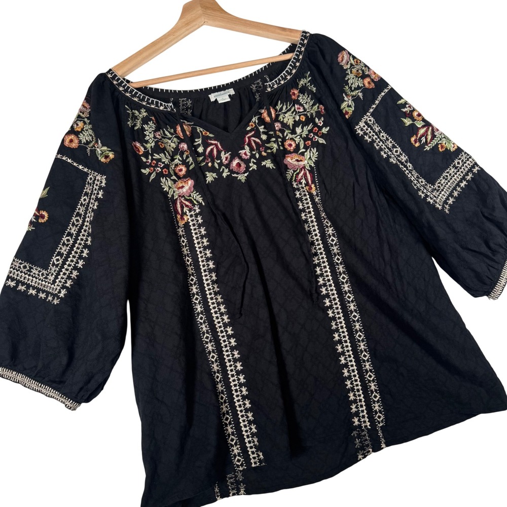 Sundance Black Embroidered Cotton Peasant Blouse Boho Floral Top Large RN106205